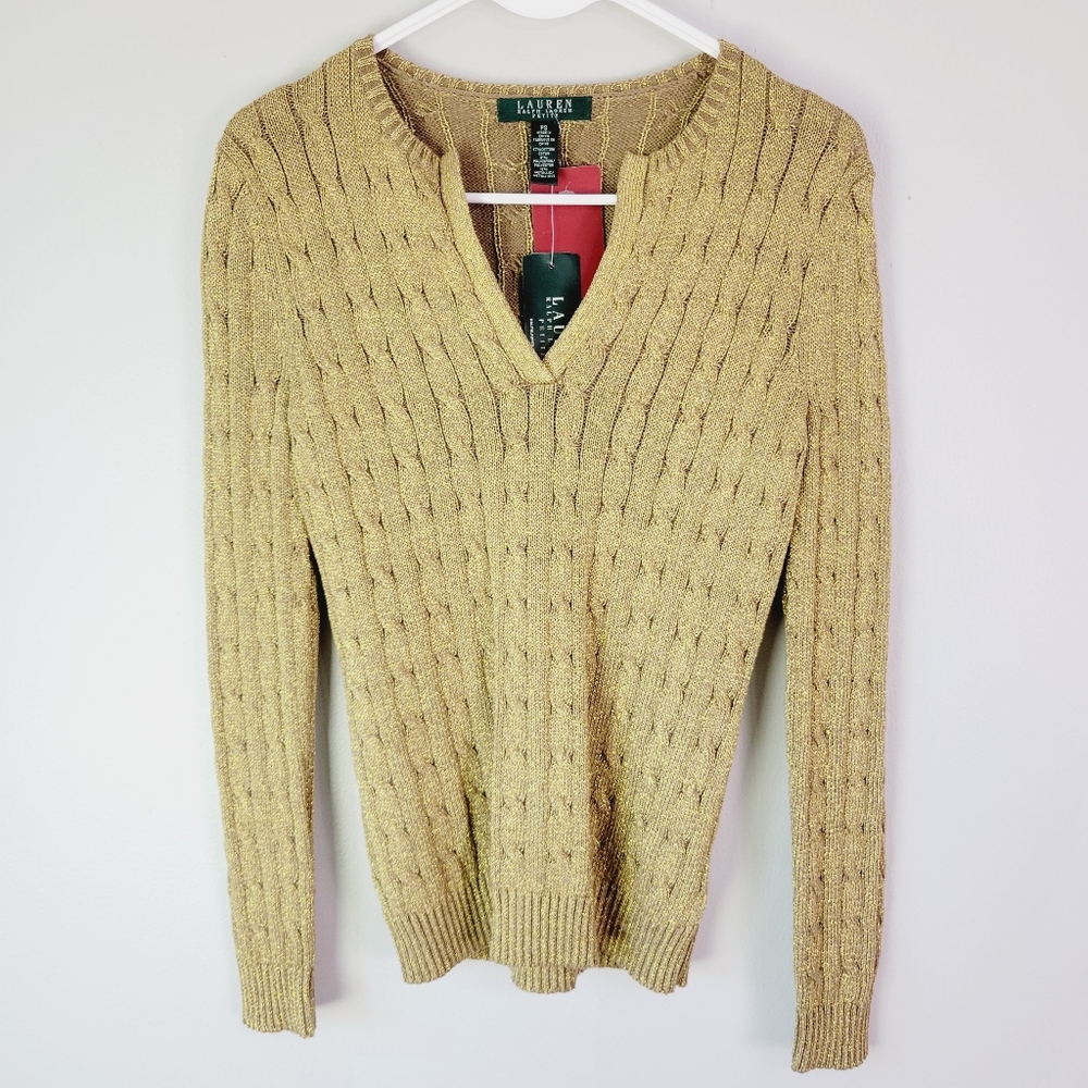 Lauren Ralph Lauren Gold V-Neck Cable Knit Sweater